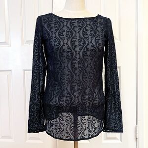 LOFT dark navy blue sheer lace stretchy long sleeve crew neck pullover top. Med